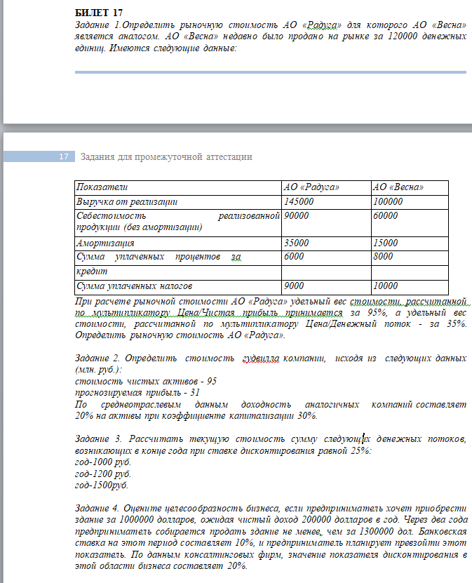 МЭБИК Оценка стоимости бизнеса (2020) Билет 17